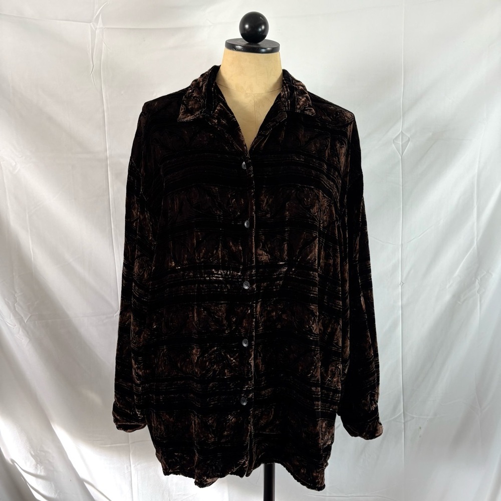 Vintage 90s velvet button up collared blouse top brown black whimsygoth XL XXL